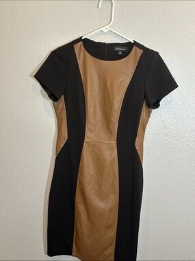 Addison Black Brown Faux Leather Colorblock Sheath Dress 10